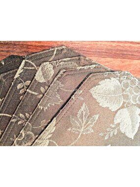 6 Olive Green Fabric Placemats Jacquard Fruit Apple Pear New